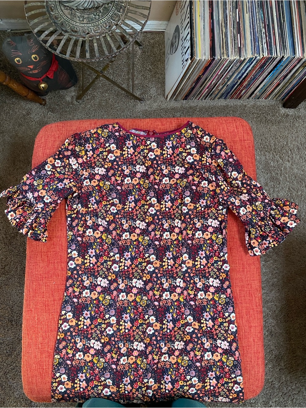 Handmade Cotton Dark Floral Print Ruffle Trim Dress - Picture 7 of 16